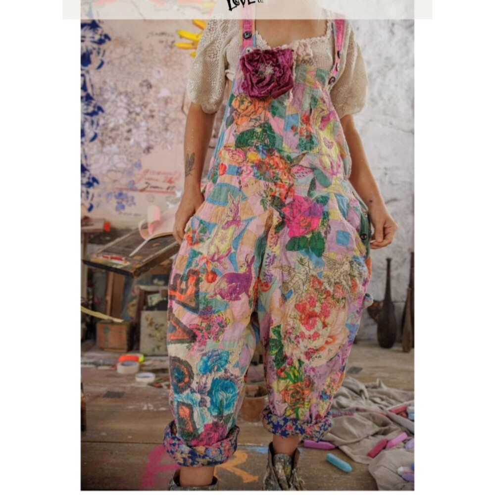 Magnolia Pearl Women's NWT Graphic Love Patchwork Overalls NWT